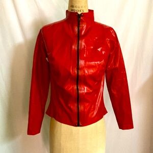 Red latex long sleeve high collar zip front blouse